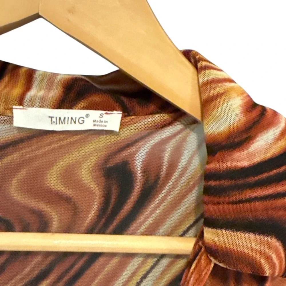 Timing Mesh‎ Tie Front Marble Print Top Sz S Groovy Retro Festival Boho